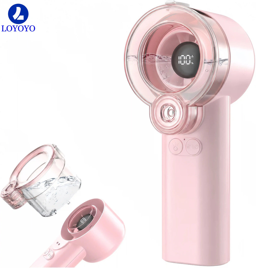 Loyoyo 2-in-1 Handheld Misting & Desk Fan, 5 Speeds Rechargeable, LED Display, Brushless Motor, Detachable Water Tank – Pink