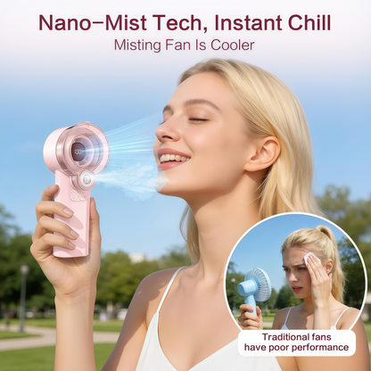Loyoyo 2-in-1 Handheld Misting & Desk Fan, 5 Speeds Rechargeable, LED Display, Brushless Motor, Detachable Water Tank – Pink