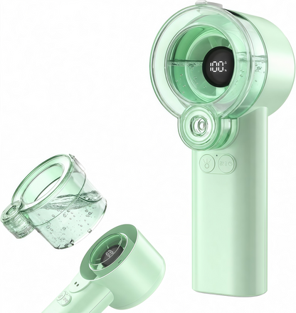 Loyoyo 2-in-1 Handheld Misting & Desk Fan, 5 Speeds Rechargeable, LED Display, Brushless Motor, Detachable Water Tank – Blue / Pink / Green