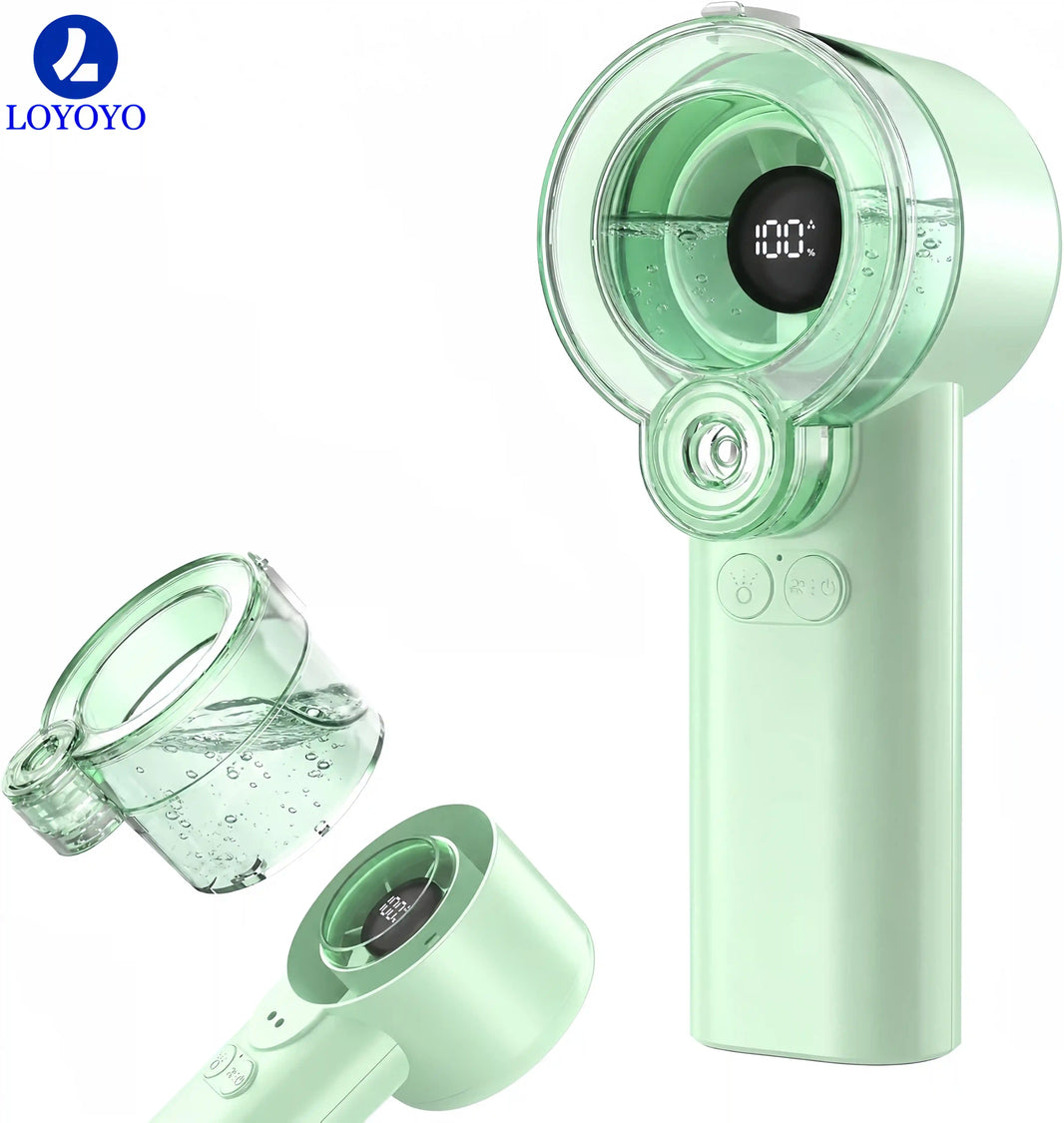Loyoyo 2-in-1 Handheld Misting & Desk Fan, 5 Speeds Rechargeable, LED Display, Brushless Motor, Detachable Water Tank – Blue / Pink / Green
