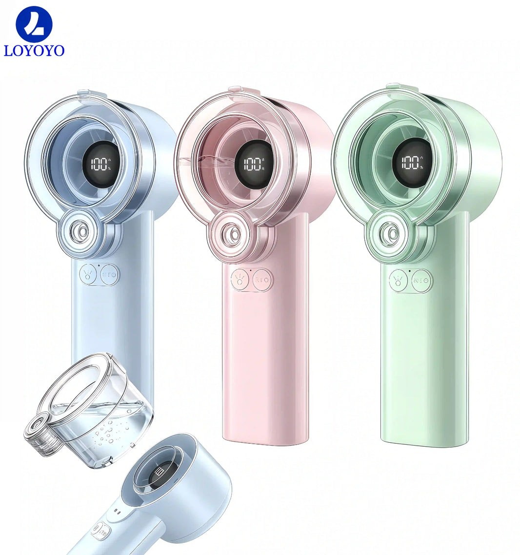 Loyoyo 2-in-1 Handheld Misting & Desk Fan, 5 Speeds Rechargeable, LED Display, Brushless Motor, Detachable Water Tank – Blue / Pink / Green