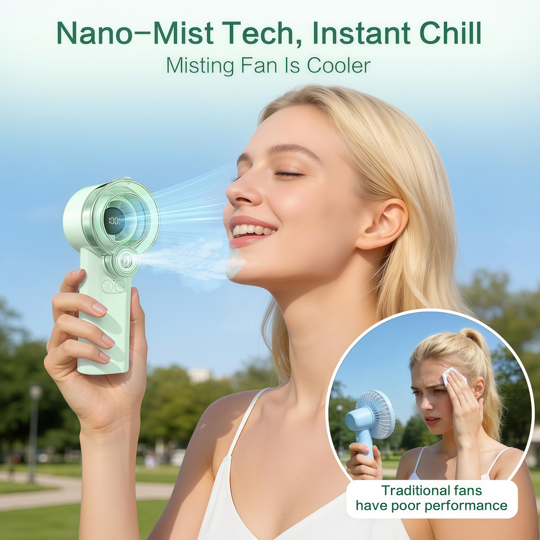 Loyoyo 2-in-1 Handheld Misting & Desk Fan, 5 Speeds Rechargeable, LED Display, Brushless Motor, Detachable Water Tank – Green