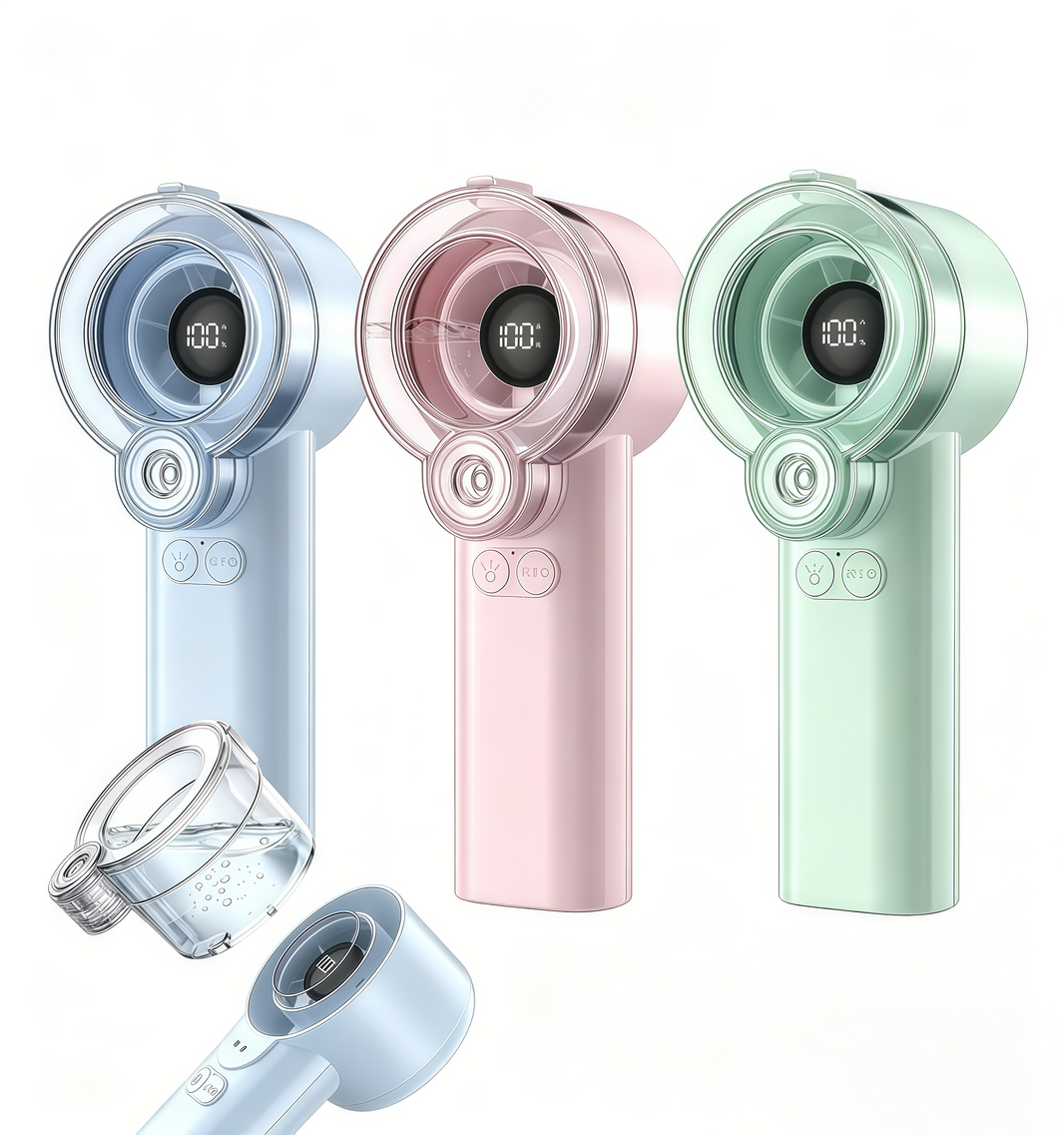 Loyoyo 2-in-1 Handheld Misting & Desk Fan, 5 Speeds Rechargeable, LED Display, Brushless Motor, Detachable Water Tank – Blue / Pink / Green