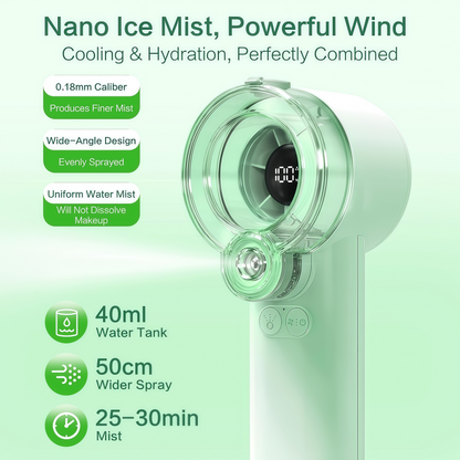 Loyoyo 2-in-1 Handheld Misting & Desk Fan, 5 Speeds Rechargeable, LED Display, Brushless Motor, Detachable Water Tank – Green
