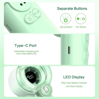 Loyoyo 2-in-1 Handheld Misting & Desk Fan, 5 Speeds Rechargeable, LED Display, Brushless Motor, Detachable Water Tank – Green