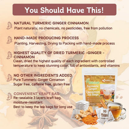Turmeric Tea with Spices Turmeric, Ginger, Cinnamon. 100% natural, pure, powdered, dairy-free, sugar-free.  Vegan, gluten-free, keto-friendly, caffeine-free.Tea 60 Bags herbal remedy  Christmas Thanksgiving Value Pa