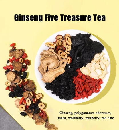 Kidney Tea Formula Ginseng Five Treasure Tea Combination - 20 Bags Natural Tea 100g for Men's Health and Vitality - Beverage