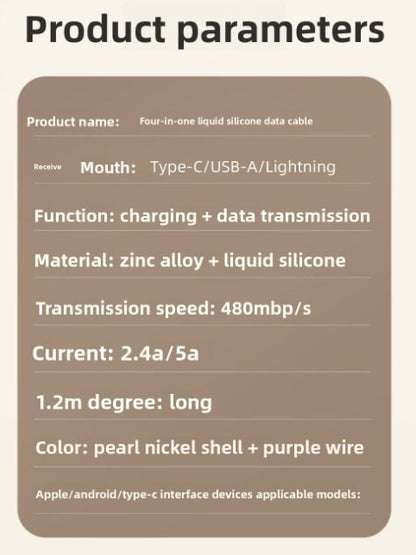 4-in-1 Charging Cable, 240W Ultra-fast Charging, with RGB Lighting, 1.2 Meters, 4 Model Changes, Available for All Types of Mobile Phone