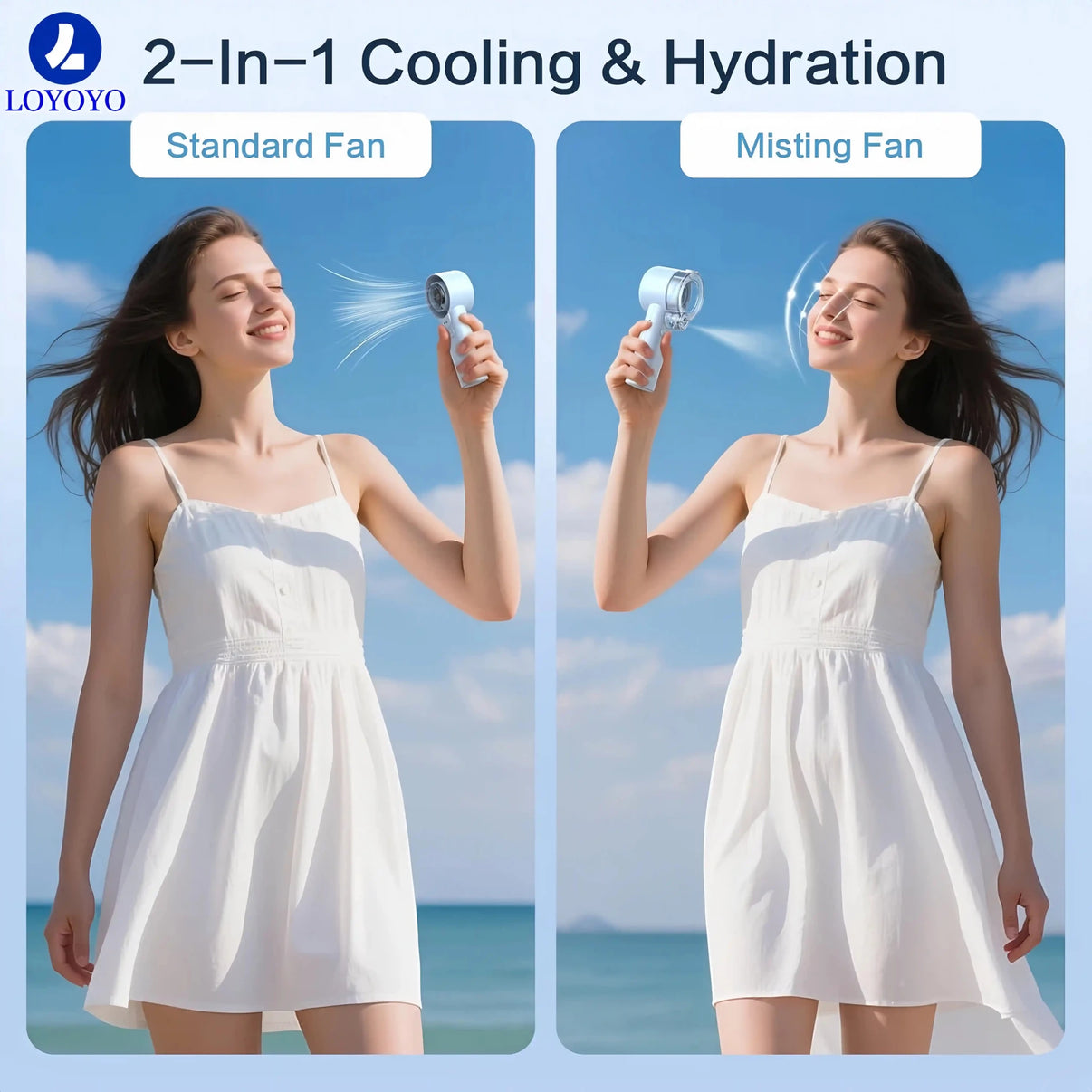 Loyoyo 2-in-1 Handheld Misting & Desk Fan, 5 Speeds Rechargeable, LED Display, Brushless Motor, Detachable Water Tank – Blue - LOYOYO Tech