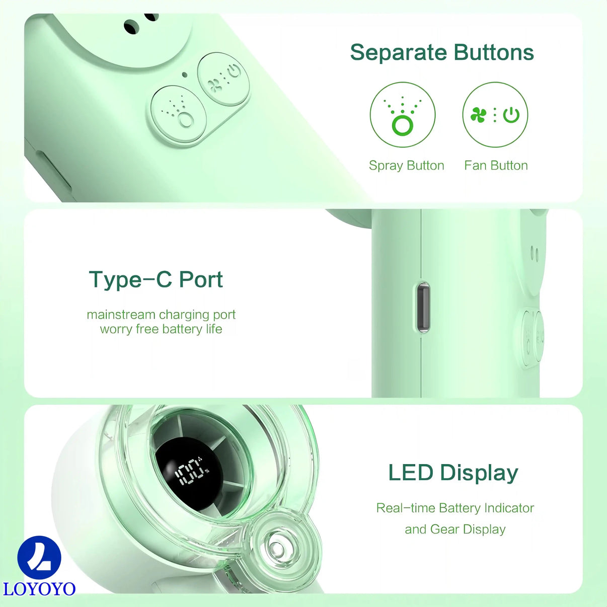 Loyoyo 2-in-1 Handheld Misting & Desk Fan, 5 Speeds Rechargeable, LED Display, Brushless Motor, Detachable Water Tank – Green - LOYOYO Tech