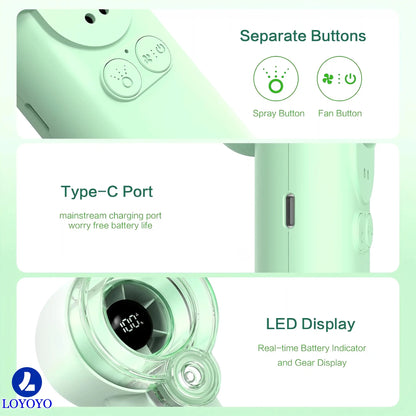 Loyoyo 2-in-1 Handheld Misting & Desk Fan, 5 Speeds Rechargeable, LED Display, Brushless Motor, Detachable Water Tank – Green - LOYOYO Tech