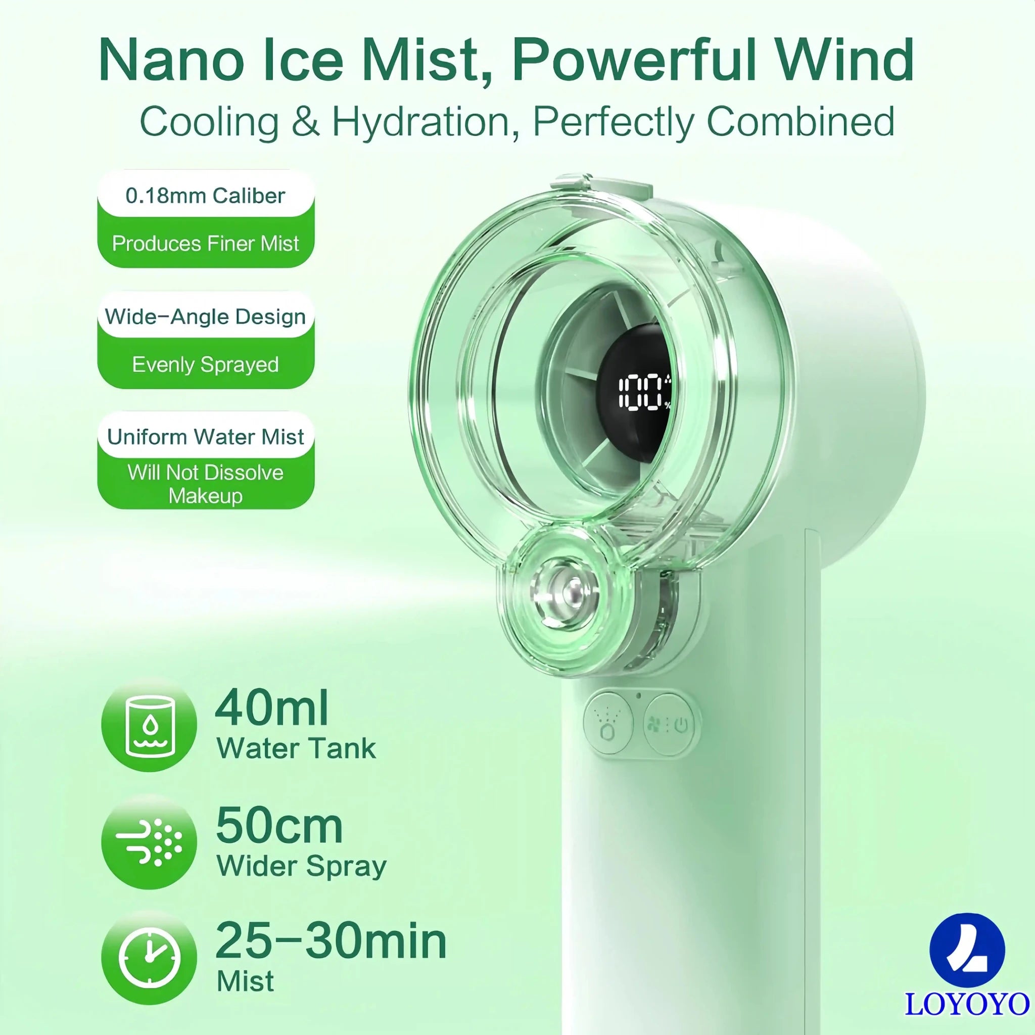 Loyoyo 2-in-1 Handheld Misting & Desk Fan, 5 Speeds Rechargeable, LED Display, Brushless Motor, Detachable Water Tank – Green - LOYOYO Tech