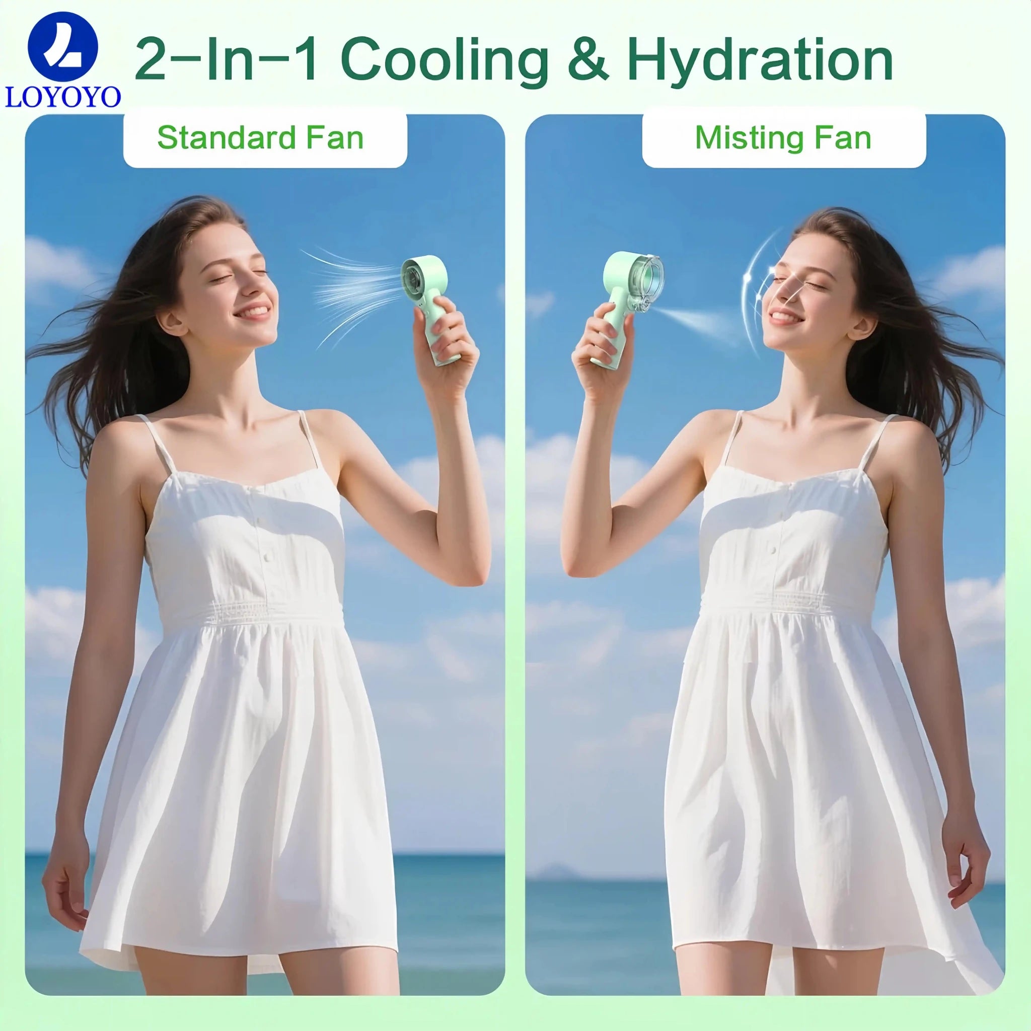 Loyoyo 2-in-1 Handheld Misting & Desk Fan, 5 Speeds Rechargeable, LED Display, Brushless Motor, Detachable Water Tank – Green - LOYOYO Tech