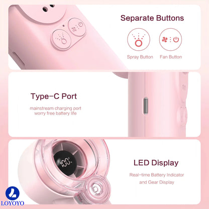Loyoyo 2-in-1 Handheld Misting & Desk Fan, 5 Speeds Rechargeable, LED Display, Brushless Motor, Detachable Water Tank – Pink - LOYOYO Tech