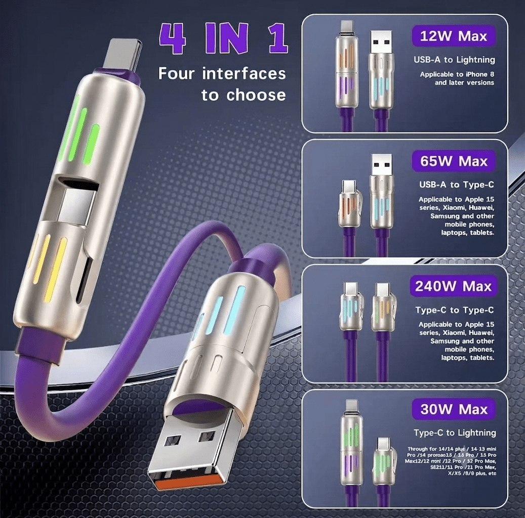 LOYOYO 4-in-1 240W Fast Charging Cable with RGB LED Light – Multi-Connector Universal Charger Cable for iPhone, Android & USB-C Devices - LOYOYO Tech