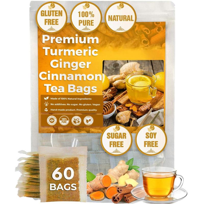 Turmeric Tea with Spices Turmeric, Ginger, Cinnamon. 100% natural, pure, powdered, dairy-free, sugar-free. Vegan, gluten-free, keto-friendly, caffeine-free.Tea 60 Bags herbal remedy Christmas Thanksgiving Value Pa - Loyoyo Tech